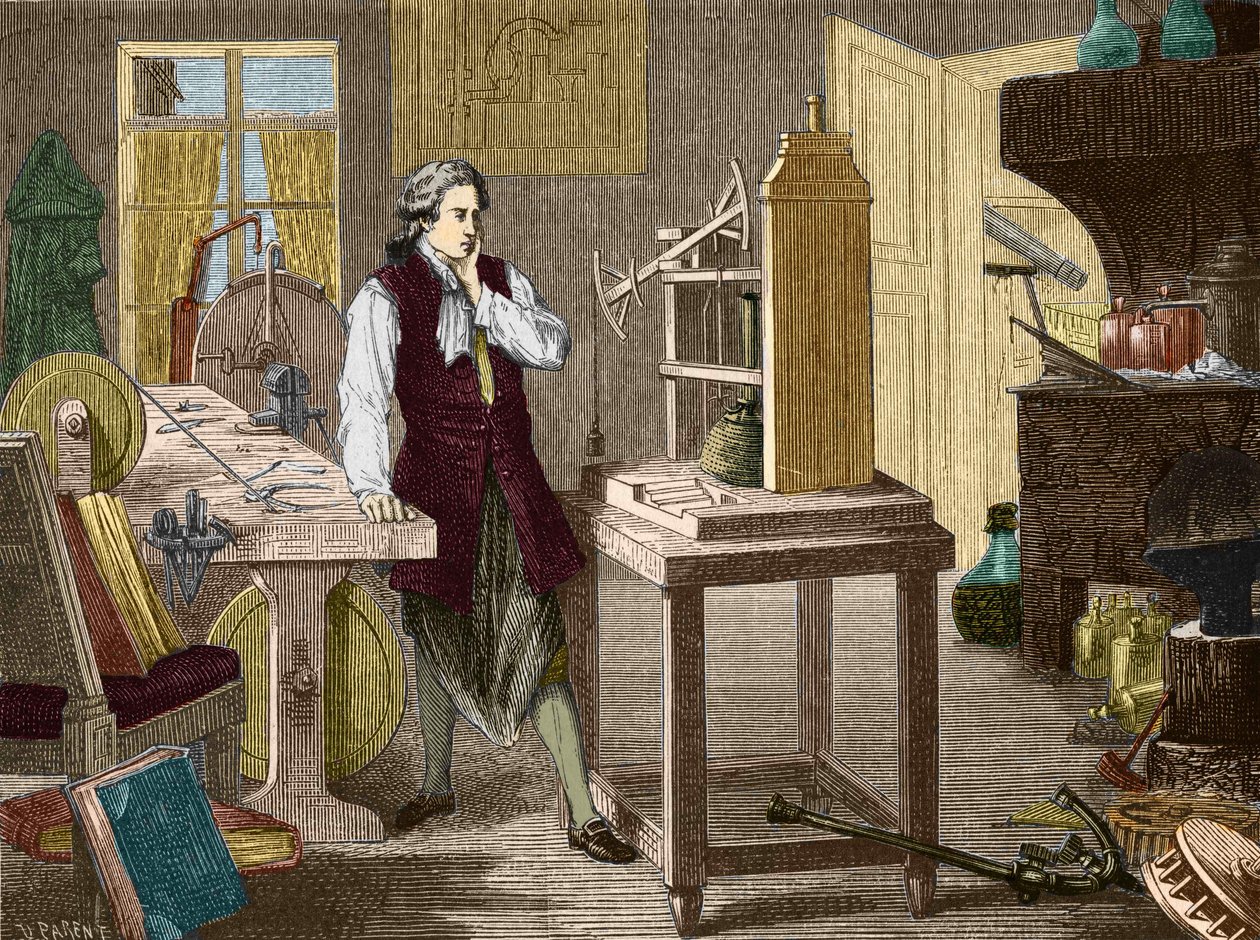 James Watt, Newcomen makinesinin (1767) (buhar motoru) mükemmelleştirilmesini inceliyor - “” Bilim Albümü