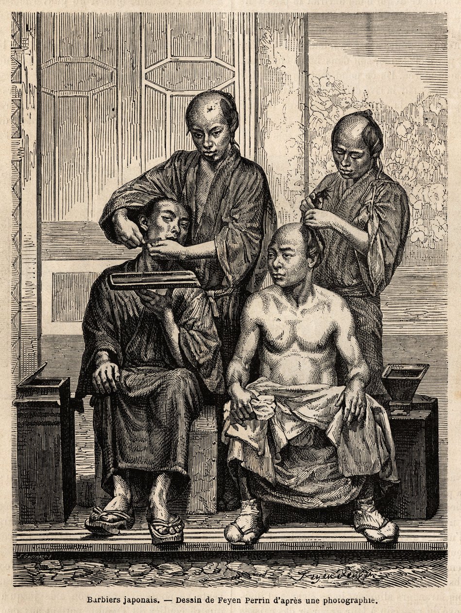 Japon berberler dükkanlarında, biri sakalını tıraş ediyor, diğeri çıplak gövdeli bir adama şekil veriyor. İsviçre Konfederasyonu bakanı Aime Humbert tarafından 1863-1864