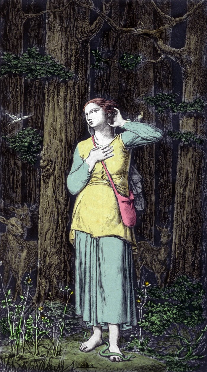 Joan of Arc onun Celest sesini duyar: Başmelek Saint Michael, Saint Catherine ve Saint Margarita ona krala yardım etmesi için Fransa