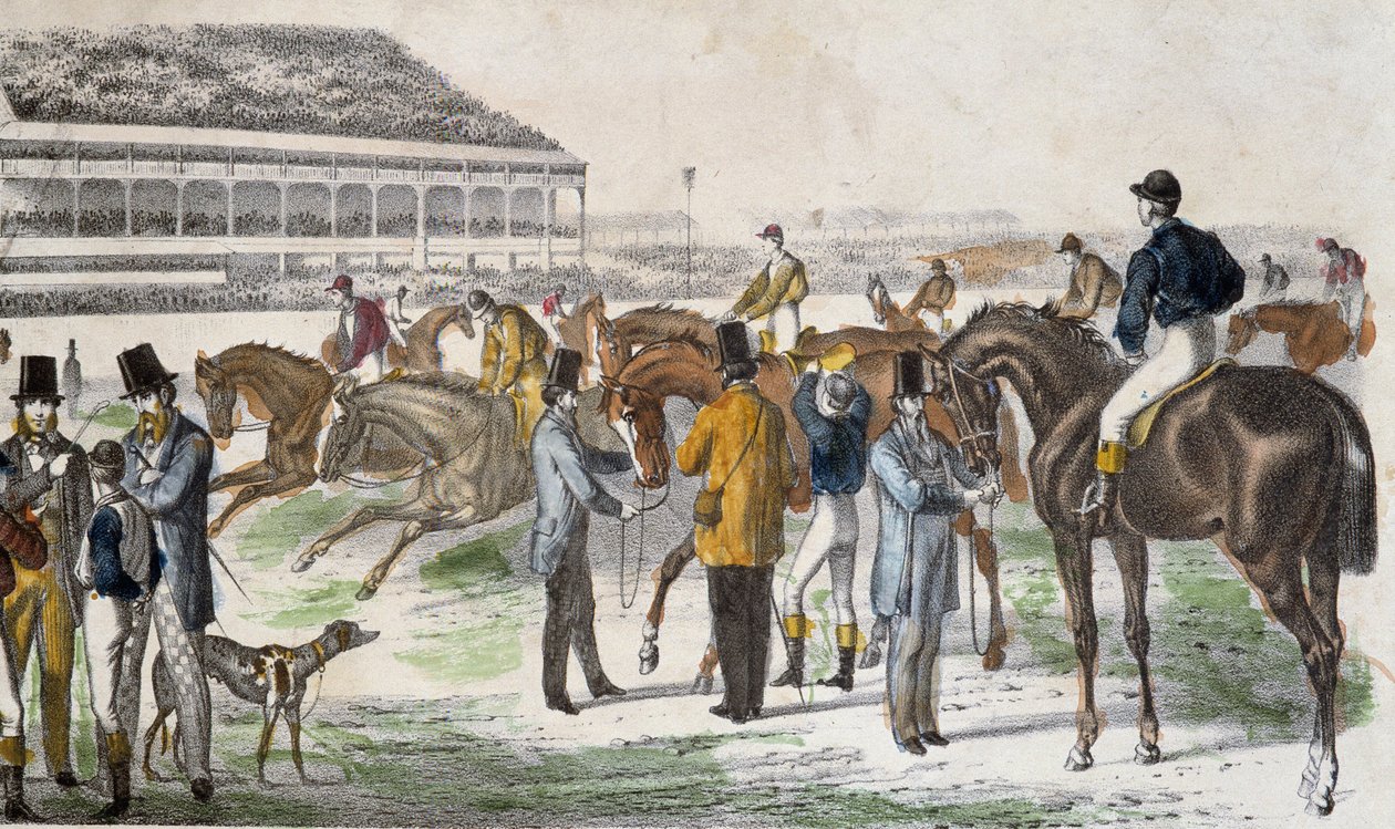 Jokeyler ve atları yarış öncesi - gravür, c. 1850 by Unknown artist