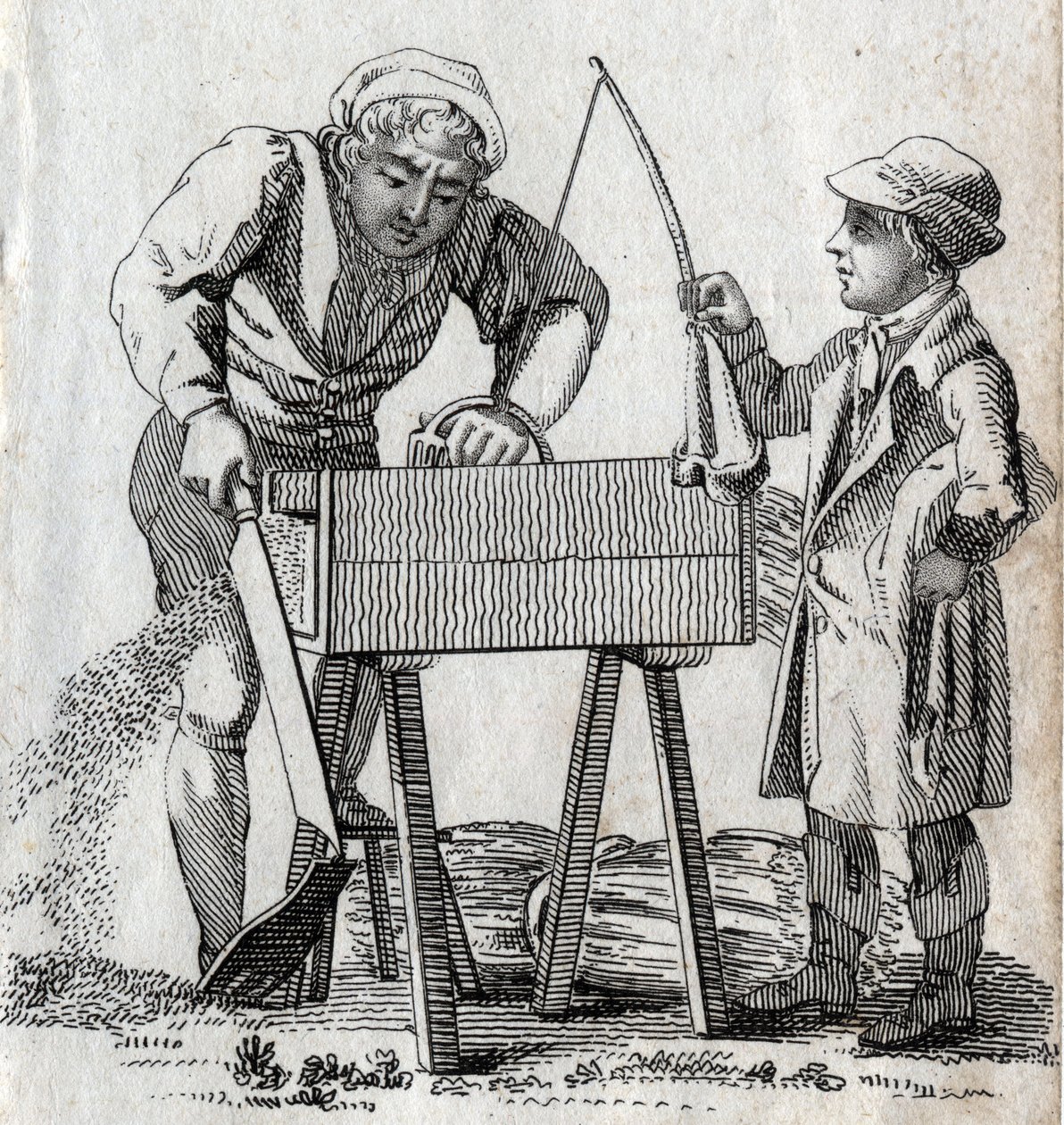 Marangoz ve çırak. 18. yüzyılın sonlarında gravür. Özel koleksiyon. by Unknown artist