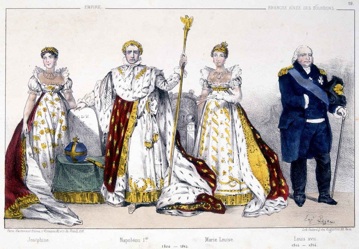 Josephine, Napoleon 1er, Marie Louise ve Louis XVIII - “La Monarchie francaise en estampes” da by Unknown artist