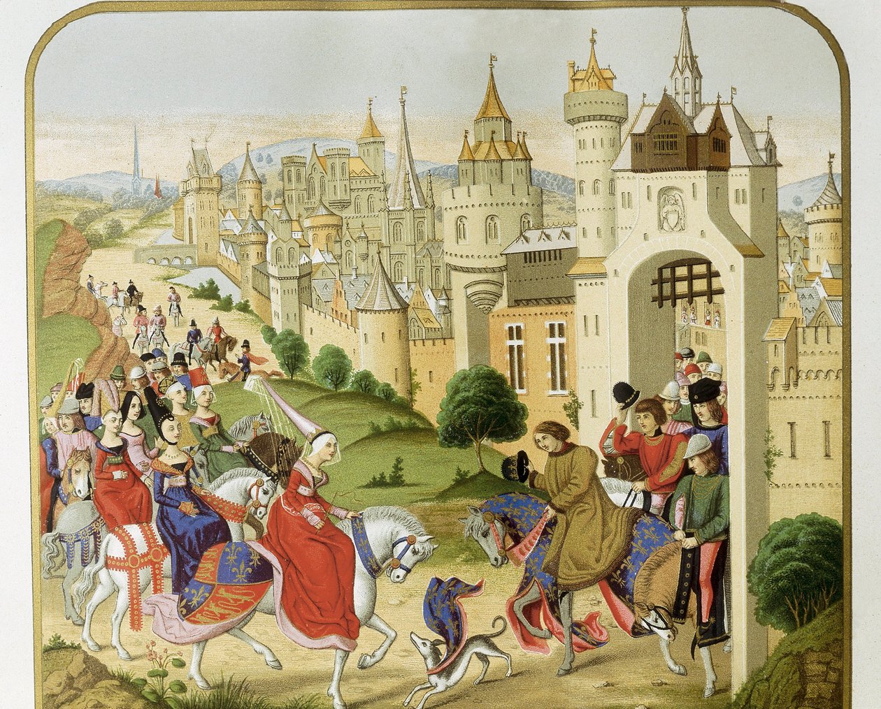 “" Fransa Kralı Charles IV, sığınmaya gelen II. Edward'ın karısı olan kız kardeşi İngiltere Kraliçesi Isabella'nın (1292-1358) ziyaretini aldı "” Jean Froissart'ın kroniklerine göre. 19. yüzyıl Barselona'sı. Sant Jordi Katalan Kra by Unknown artist
