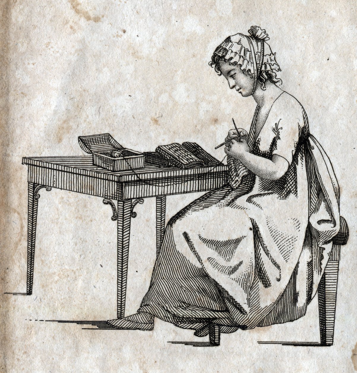 Örgü makinesi: Yün ören kadın (örme) 18. yüzyılın sonlarına doğru gravür. Özel koleksiyon. by Unknown artist