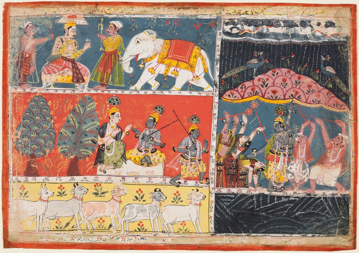 Krishna, bir Bhagavata Purana'dan Govardhan Dağı'nı Kaldırıyor by Unknown artist