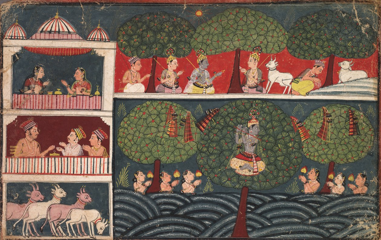 Krishna Sütçü Kızların Giysilerini Çalıyor ve Bir Braj Bhagavata Purana'dan Ağaçların Erdemini Anlatıyor by Unknown artist