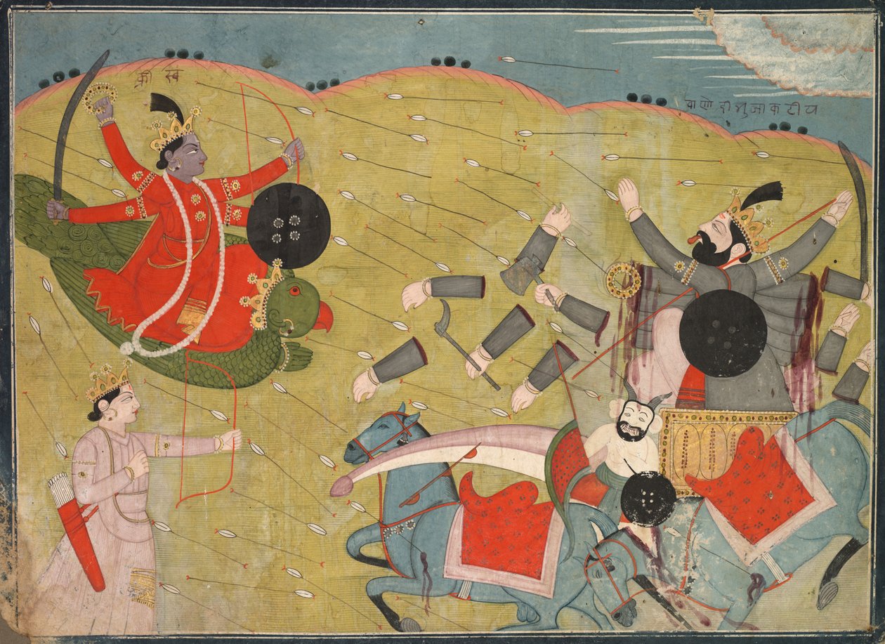 Krishna Vanasura'yı Yeniyor: Krishna Lila'nın Aniruddha Usha Bölümünden Sahne by Unknown artist