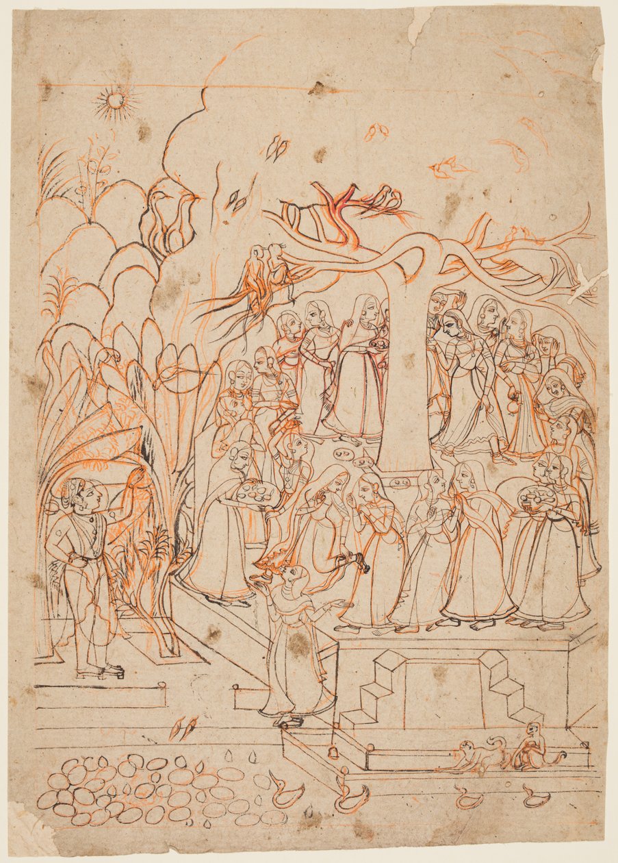 Krishna, Kutsal Ağacın Çevresinde Dolaşan Sütçü Kızları İzler: Jyestha Ayı (Mayıs-Haziran), bir Baramasa'dan (On İki Ay) by Unknown artist