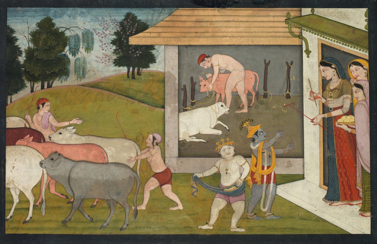 Krishna ve Balarama Sığırları Bir Bhagavata Purana'dan Otlatmaya Çıkarıyor by Unknown artist