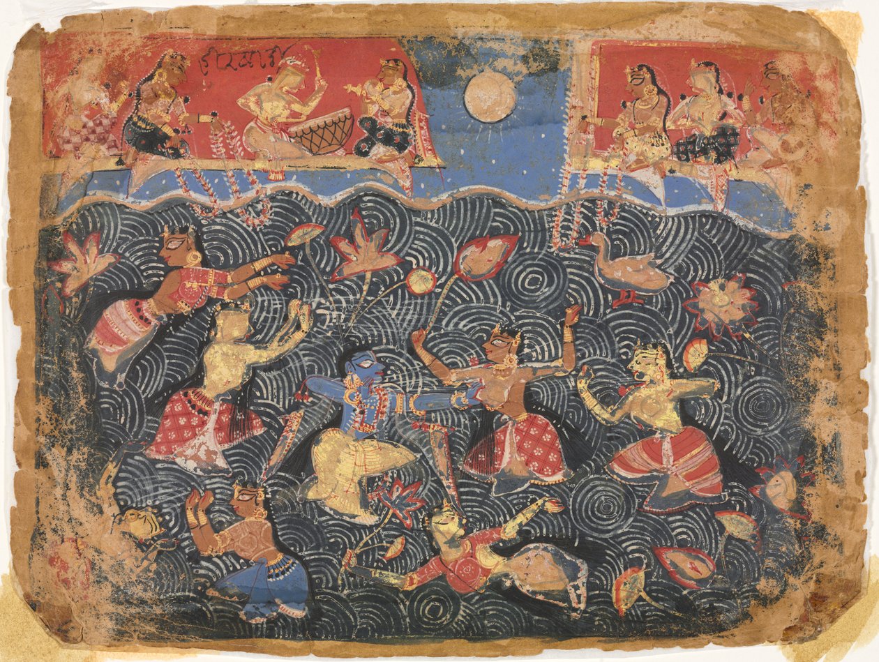 Krishna, bir Bhagavata Purana'dan Jumna Nehri'nde gopilerle spor yapıyor by Unknown artist