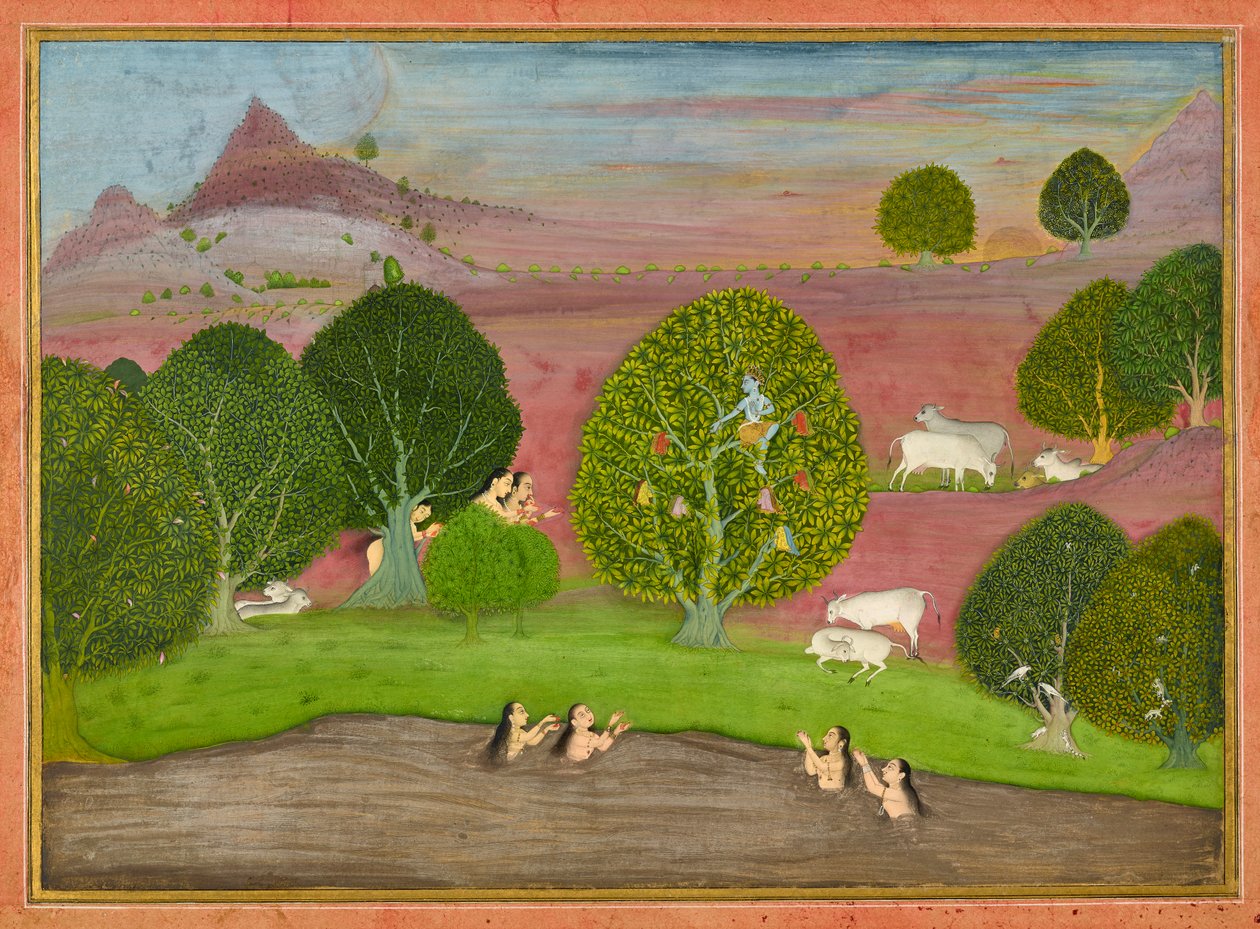 Krishna gopilerin kıyafetlerini çaldı, bir <em>Bhagavata Purana</em>
