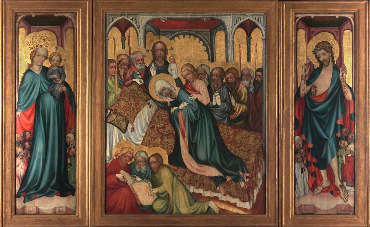 La mort de la Vierge - Retable de Roudnice (, vers 1410 - The Death of the Virgin. Roudnice Altarpiece - Anonim. Tempera on panel, c.1410. National Gallery, Prag by Unknown artist