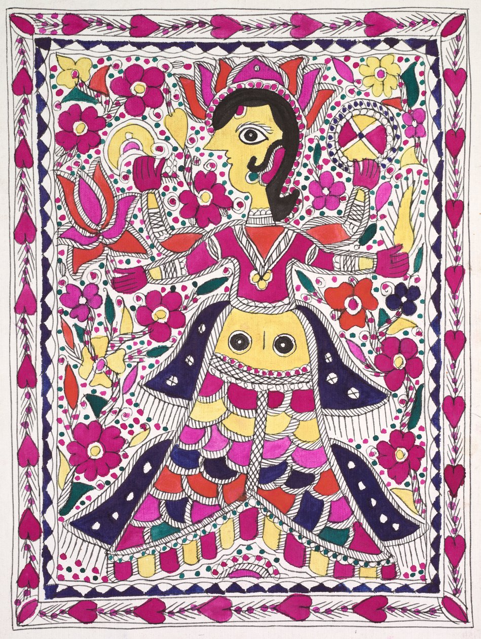 Kenar boşluklarında kalpleri olan büyük, çok kollu figür by Unknown artist