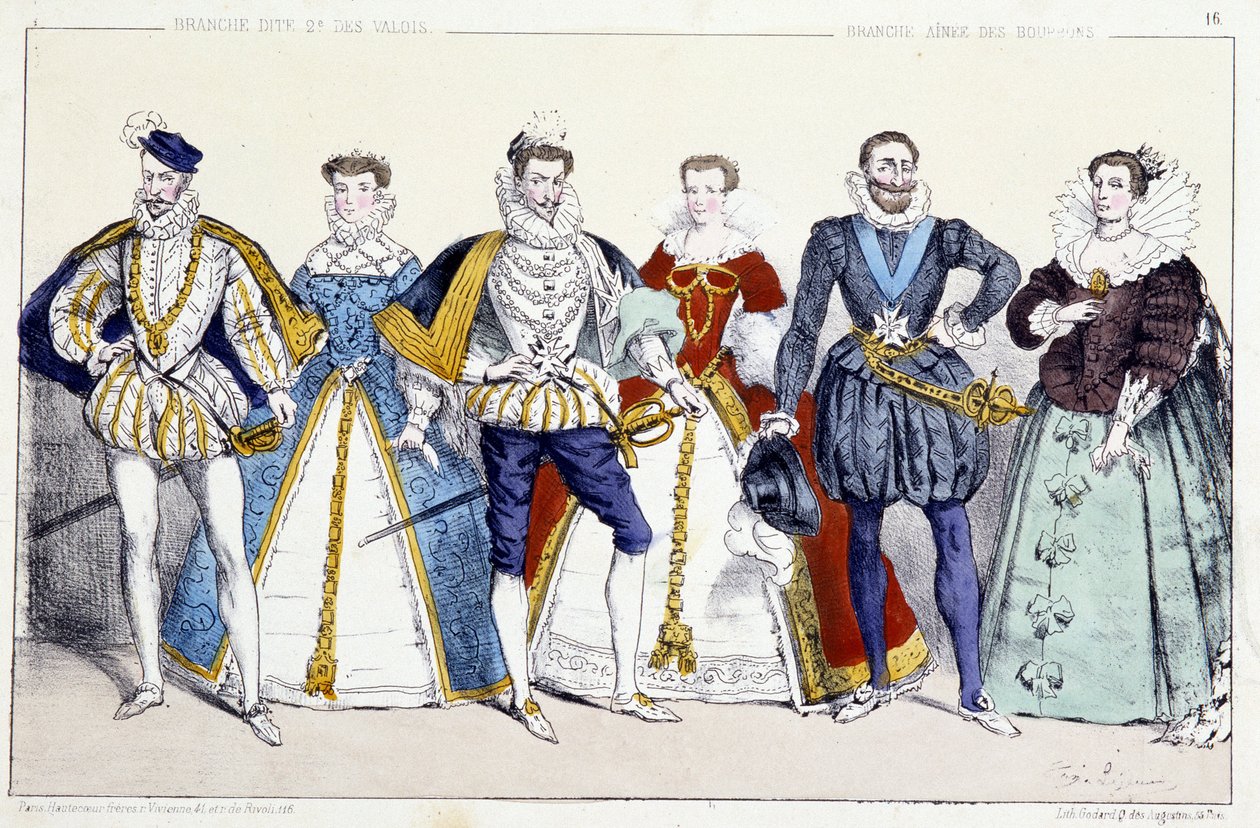 Les Valois et les Bourbons: Charles IX (1550-1574) ve Avusturyalı Elisabeth (1554-1592), Henry III (1551-1589) ve Louise de Lorraine Vaudemont (1553-1601), Henri IV (1553-1610) ve Marie de Medicis (1575-1642) - Fr Kralları ve Kraliçelerinden alınan Plage by Unknown artist