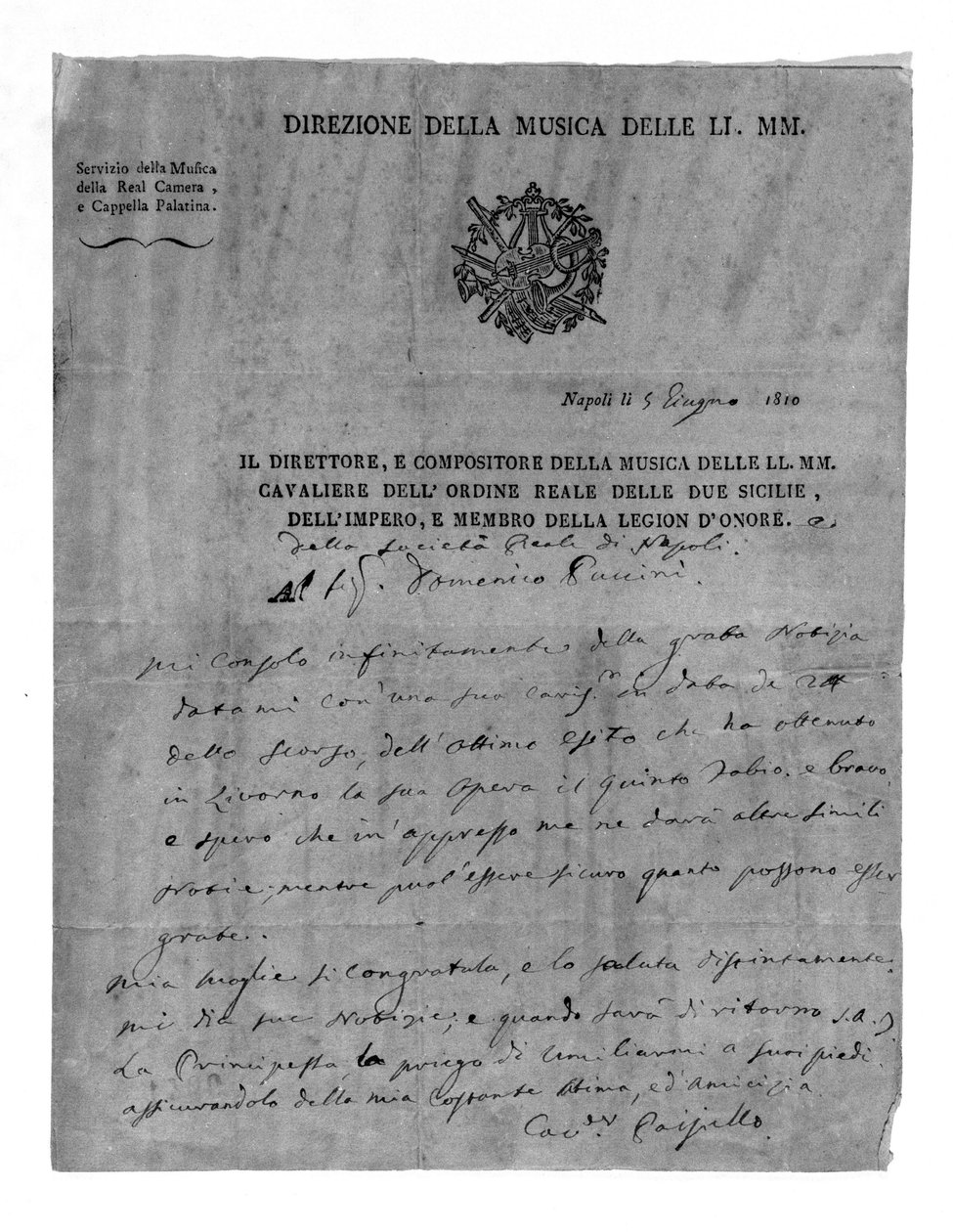 Giovanni Paisiello'dan (veya Paeseello veya Paesieillo) (1740-1816), Domenico Puccini'de İtalyan besteci, Giacomo Puccini'nin büyükbabasından mektup. 1810. Milano La Scala Tiyatro Müzesi. by Unknown artist