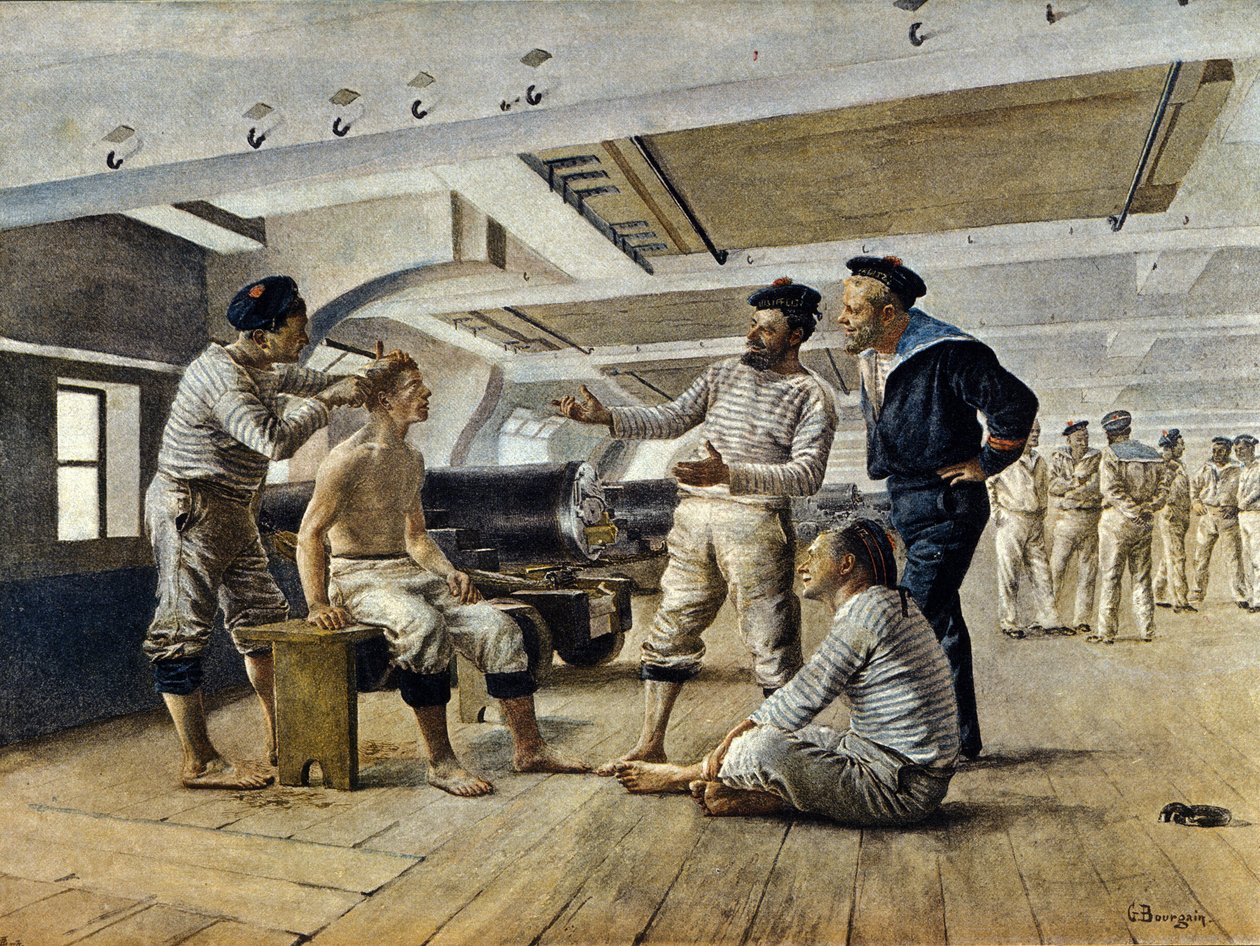 Fransız savaş gemisinde yaşam: gemi berberi denizcileri tıraş ediyor, c.1800 by Unknown artist