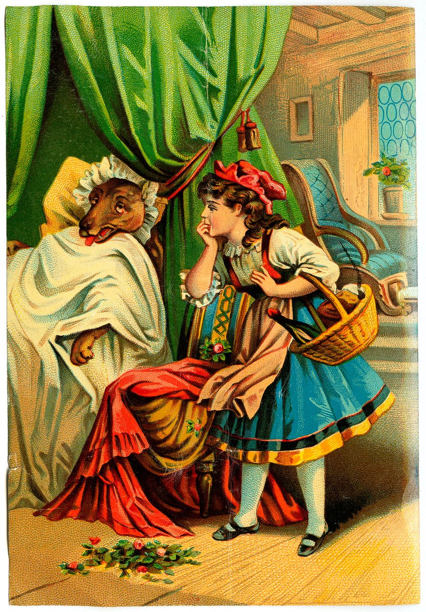 Kırmızı Başlıklı Kız, büyükannesinin yatağında kurdu keşfeder (19. yüzyılın sonlarında Kromolitografi) by Unknown artist