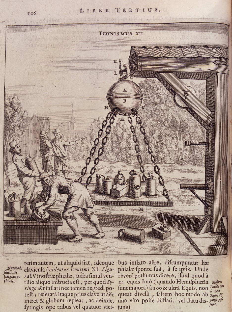 Askıya alınmış Magdeburg yarım küreleri yükleniyor - Otto von Guericke (Otto de Guericke) tarafından “Ottonis de Guericke: Experimenta Nova Magdeburgica de vacuo spatio””da by Unknown artist