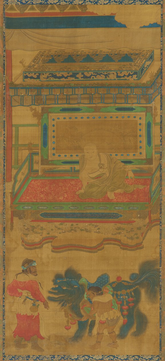 Bir gölgelik altında Lohan; bir aslan ve iki görevli by Unknown artist