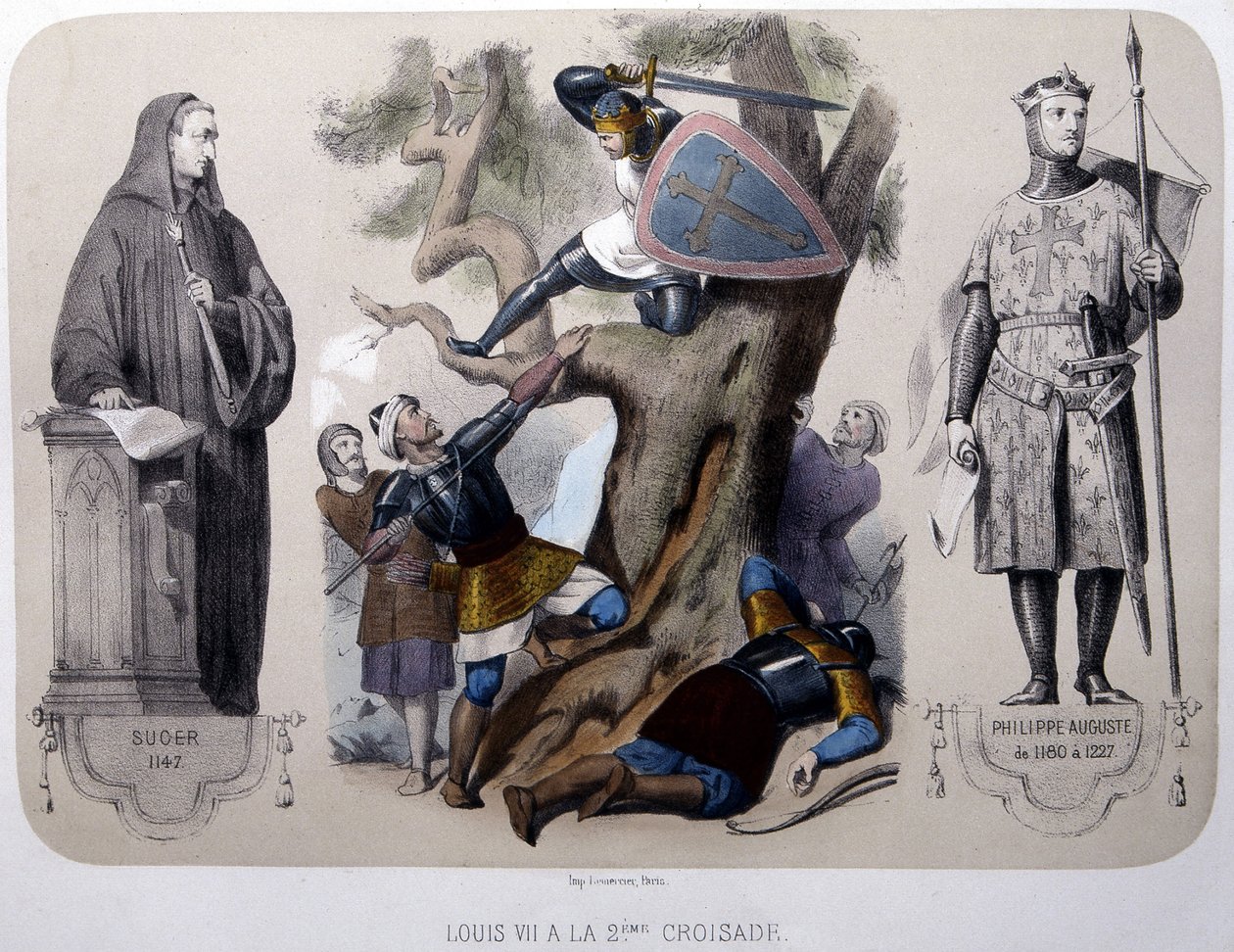 Louis VII, 2. Haçlı Seferi sırasında Sarazenlere karşı savaşıyor - litografi, 19. yüzyılın sonlarında by Unknown artist