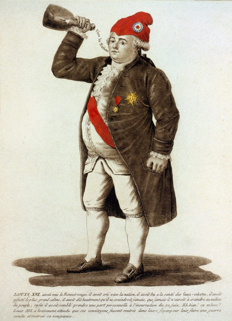 Louis XVI, Frig şapkası takıyor ve şişede içiyor by Unknown artist