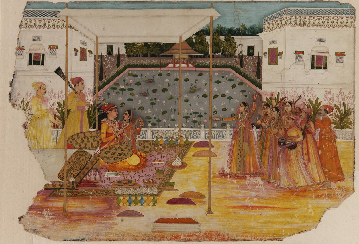 Bahçe terasında aşıklar; müzisyenler ve görevliler by Unknown artist