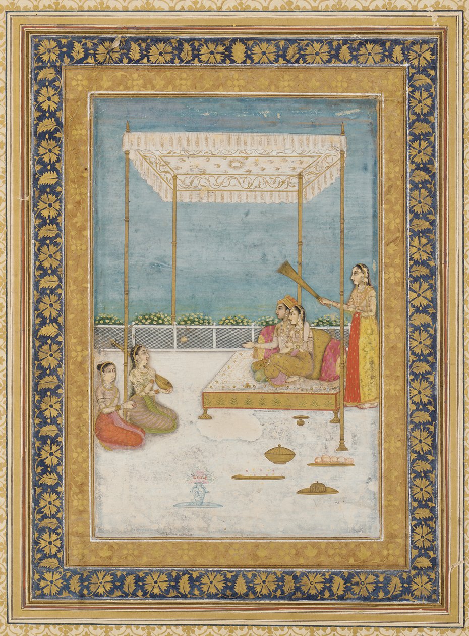 Bir görevli ve müzisyenlerle terasta aşıklar by Unknown artist