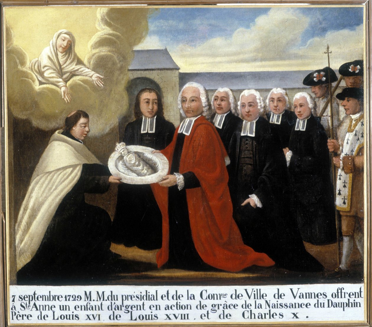 MM du Presidial et de la Commune de Vannes, yunusun Louis de France (1729-1765), 7 Eylül 1729 - Ex-Voto Sainte Anne d'Auray doğumundan Şükran Günü'nde Saint Anne'ye gümüş bir çocuk sunuyor by Unknown artist