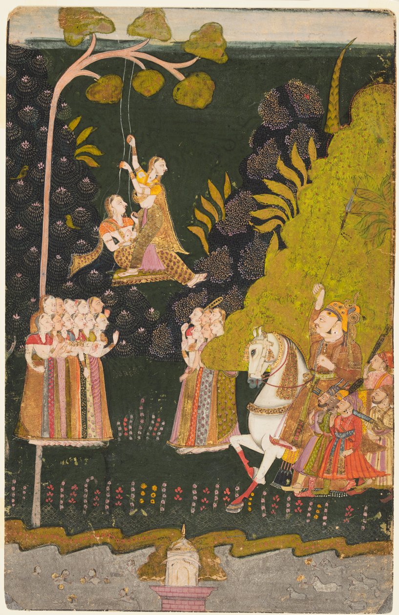 Marwarlı Maharaja Abhai Singh (taht. 1724–49), Binicilik, Teej Festivalinde Sallanan Kızları İzlerken by Unknown artist