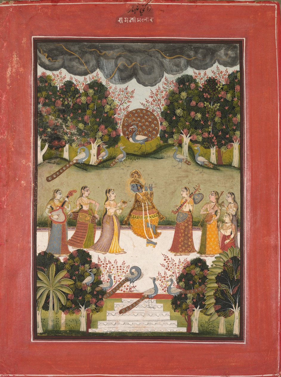 Malar Ragini: Krishna, Ragamala Serisinden Müzik Aletlerini Tutan Yedi Gopiye Flüt Çalıyor by Unknown artist