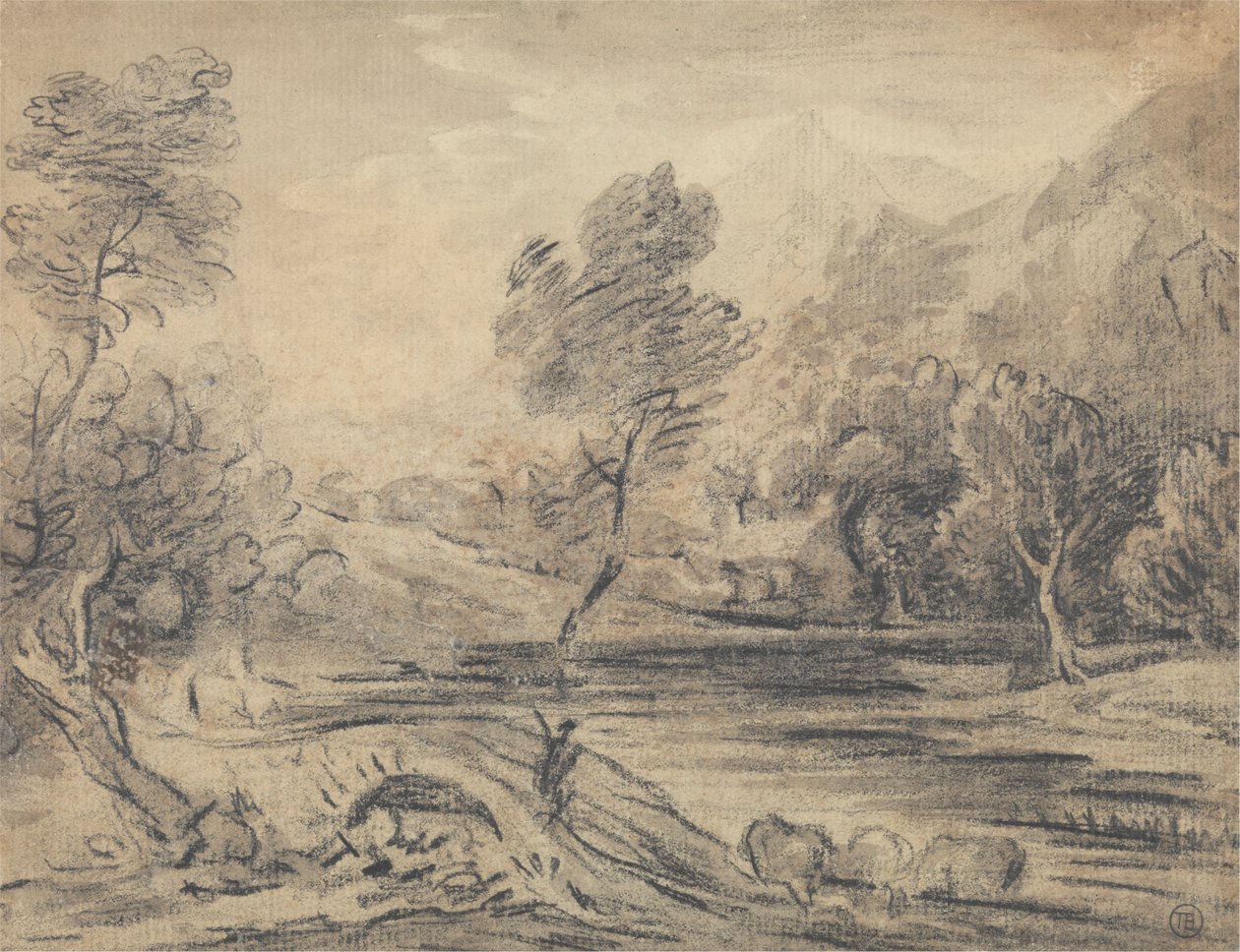 Sığır Sulama ile Nehrin Üzerindeki Kambur Köprüden Geçen Adam by Unknown artist