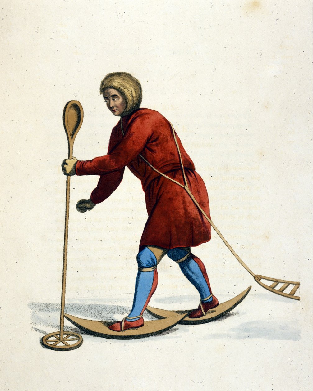 Ostiak kabilesinin adamı (Khanty veya Khante) (Sibirya) kayak yapıyor. "Rus imparatorluğunun kostümü" Londra 1803 gravürü. by Unknown artist