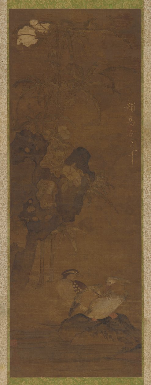 Mandalina ördekleri, kayalar ve çiçekli bir bitki by Unknown artist