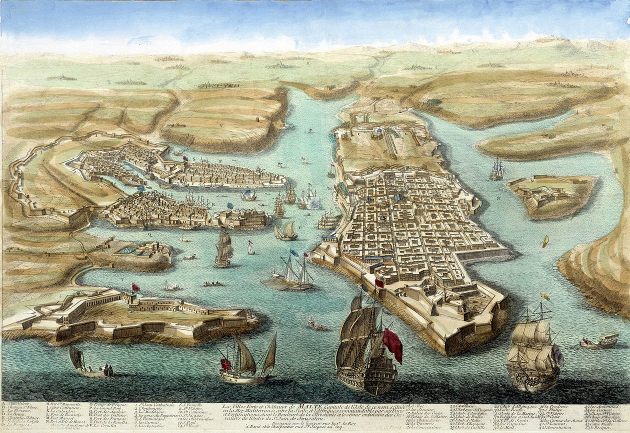 Malta limanı, surları ve kale haritası. 18. yüzyıl gravürü. by Unknown artist