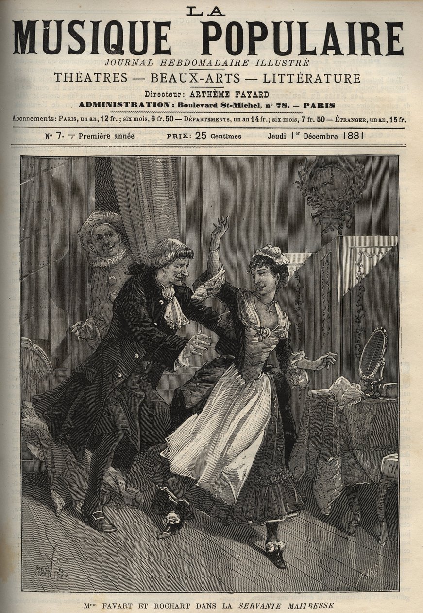 Pergolese (Giovanni Battista Pergolesi) tarafından “Servante Maitresse”de (Serva padrona) Madame Favart olarak adlandırılan Marie Justine Benoite Duronceray ve Rochart (Rochard) - haftalık ünlü “popüler müzik” gazetesinde gravür - 1882 by Unknown artist