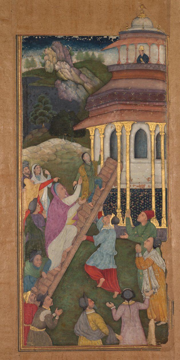 Meryem, Peder Jerome Xavier'in bir Kutsallık Aynasından (Mir'at al-quds) tapınağa giden merdivenleri çıkar. by Unknown artist