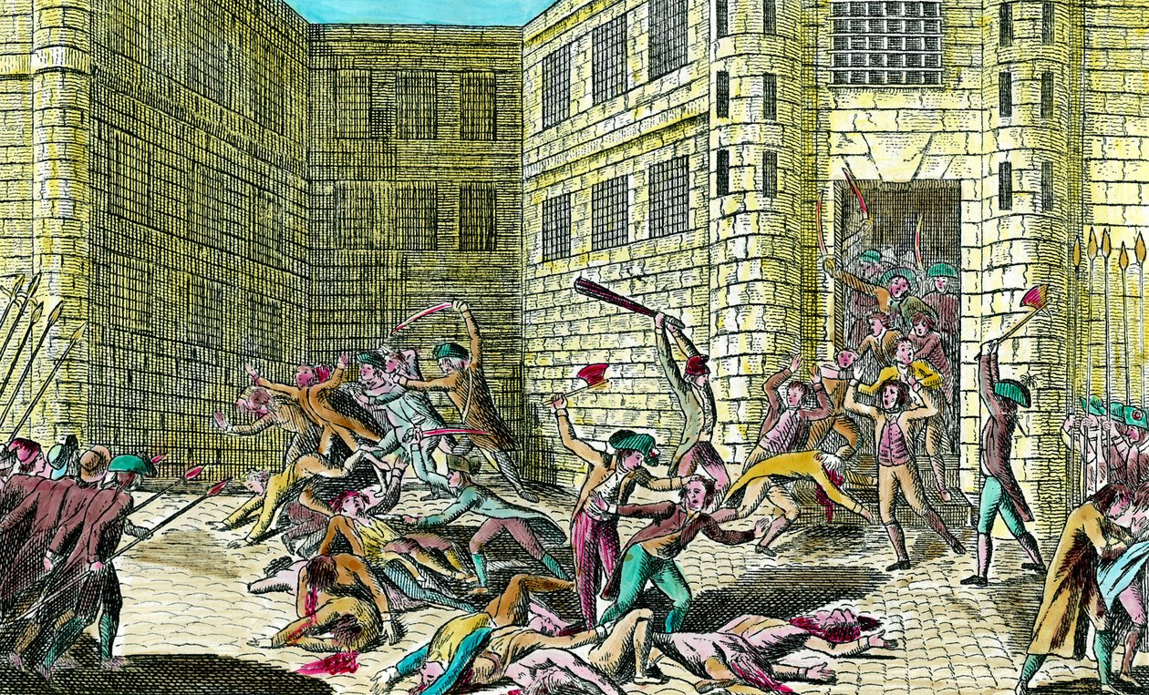 Eylül 1792'de Saint Germain Manastırı'ndaki mahkumların halk tarafından katledilmesi. Fransız Devrimi sahnesi. 18. yüzyılın gravürü. Özel koleksiyon. by Unknown artist