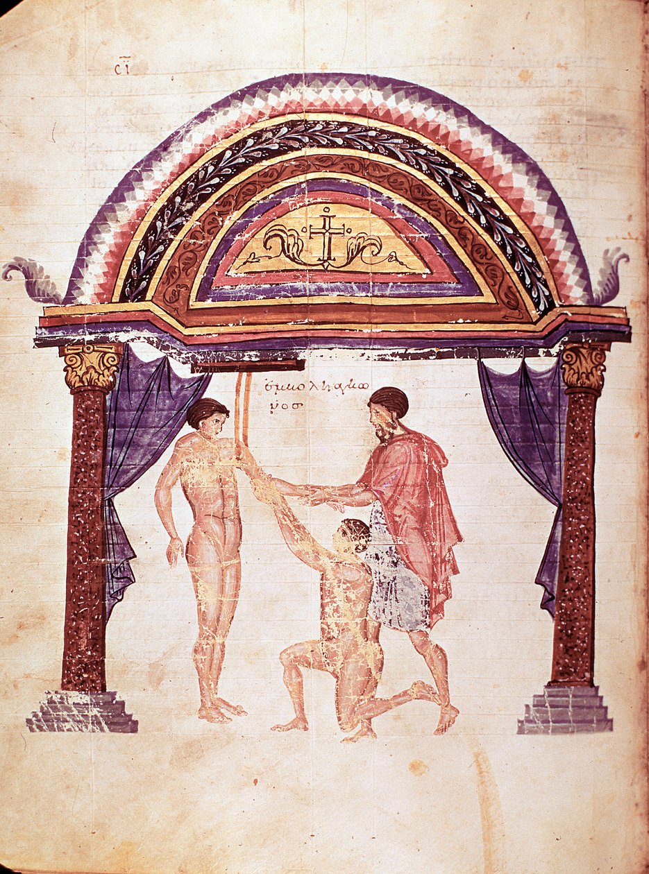 Tıp: Çıkık bir dirseğin azaltılması, hasta kolundan asılır (el yazması) by Unknown artist