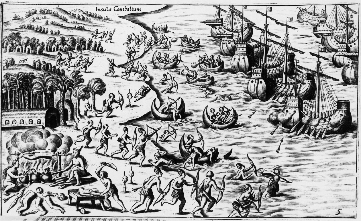 Philoponus Honorius'un "Yeni Dünya Yolculuğundan Sonra Yeni Tipus"ta Christopher Columbus halkı ve Yamyamlar arasındaki buluşma by Unknown artist