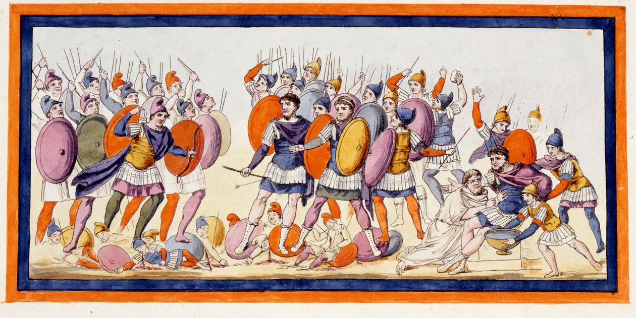 Menelas (sağda), bir Yunan savaşçısı, Truvalıların bir müttefiki tarafından bir okla yaralandı. İlyada, şarkı IV. 18. yüzyılın sonundan gravür. by Unknown artist