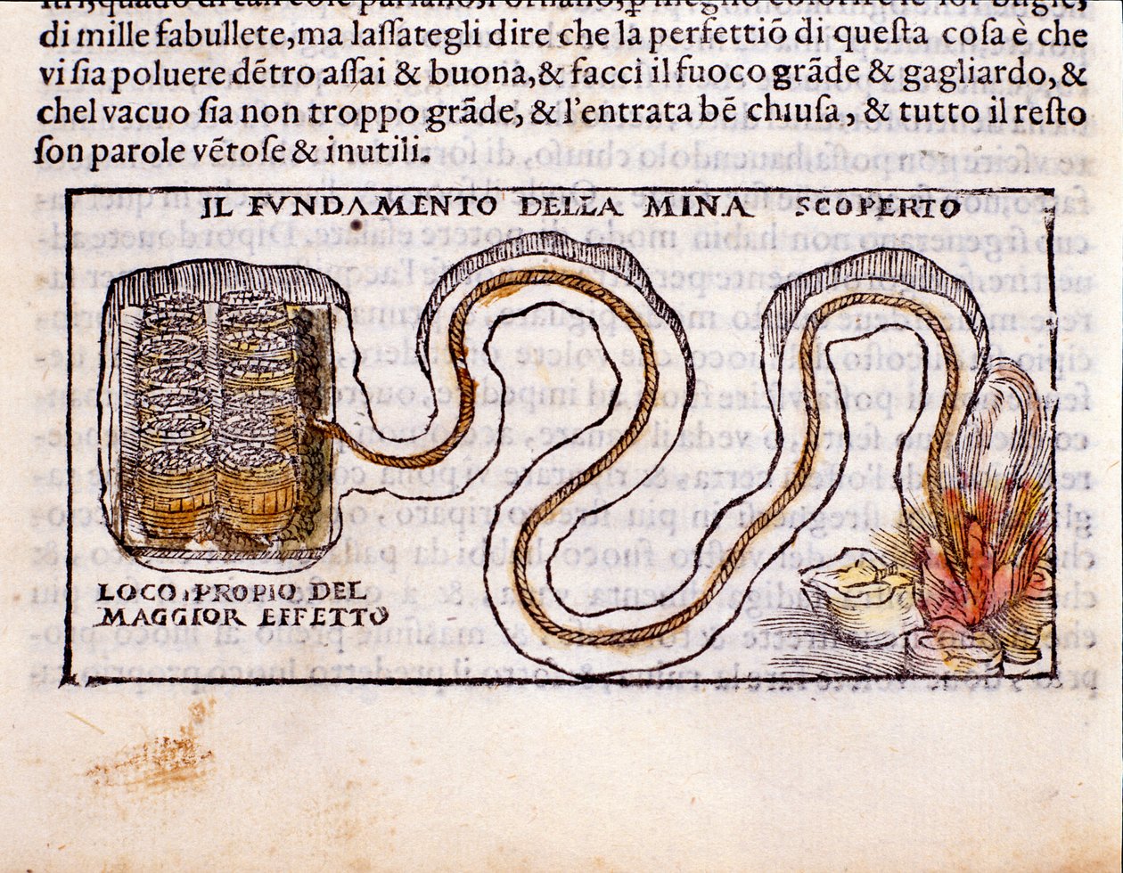Askeri strateji: bir düşman kalesinin temelleri altında kazılmış bir yeraltı galerisinin tasviri ve patlayıcıların yerleştirilmesi. Vannoccio Biringuccio (1480-1539) 1550 tarafından “De la Pyrotechnia” (veya Pirotechnia) sağım metalurjisinden gravür. by Unknown artist