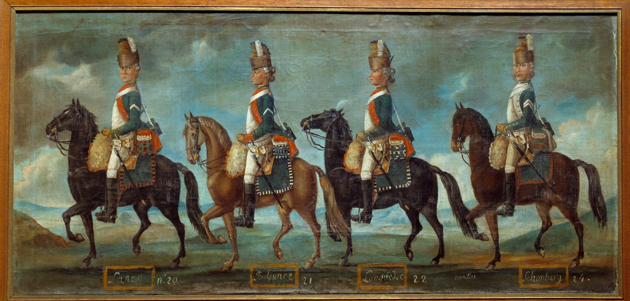 1779 sırasına göre ejderhaların askeri üniformaları: Lanan alayları (n. 20), Belsunce (n. 21), Languedoc (n. 22), Schomberg (n. 24) 1779 Anonim tablosu. Paris, Musee de l