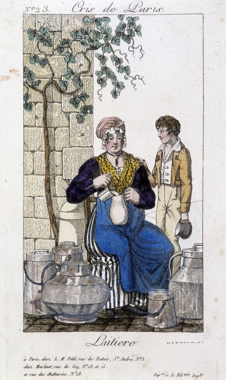 Genç bir adam için bir şişeye süt dökülen süt - “” Cris de Paris”” deb. 19. yüzyıl by Unknown artist