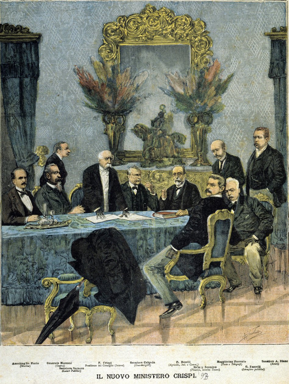 Yeni “Crispi” hükümetinin bakanları: soldan sağa Amiral Morin, General Mocenni, Francesco Crispi, Senatör Calenda, P. Boselli, Sidney Sonnino, Maggiorino Ferraris, G. Faccelli ve Senatör A. Blanc by Unknown artist