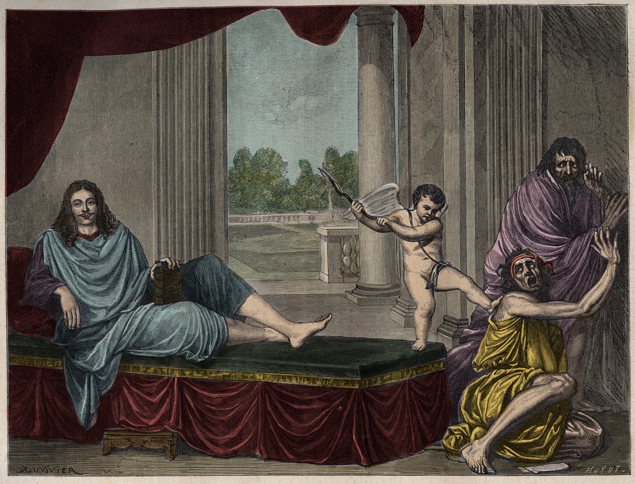 Moliere Jean Baptiste Poquelin (1622-1673), kötülüğü ortadan kaldırmak ve ikiyüzlülüğü ortadan kaldırmak için komedi Cinini çağrıştırıyor - 17. yüzyıldan kaybolan bir tablodan sonra gravür by Unknown artist