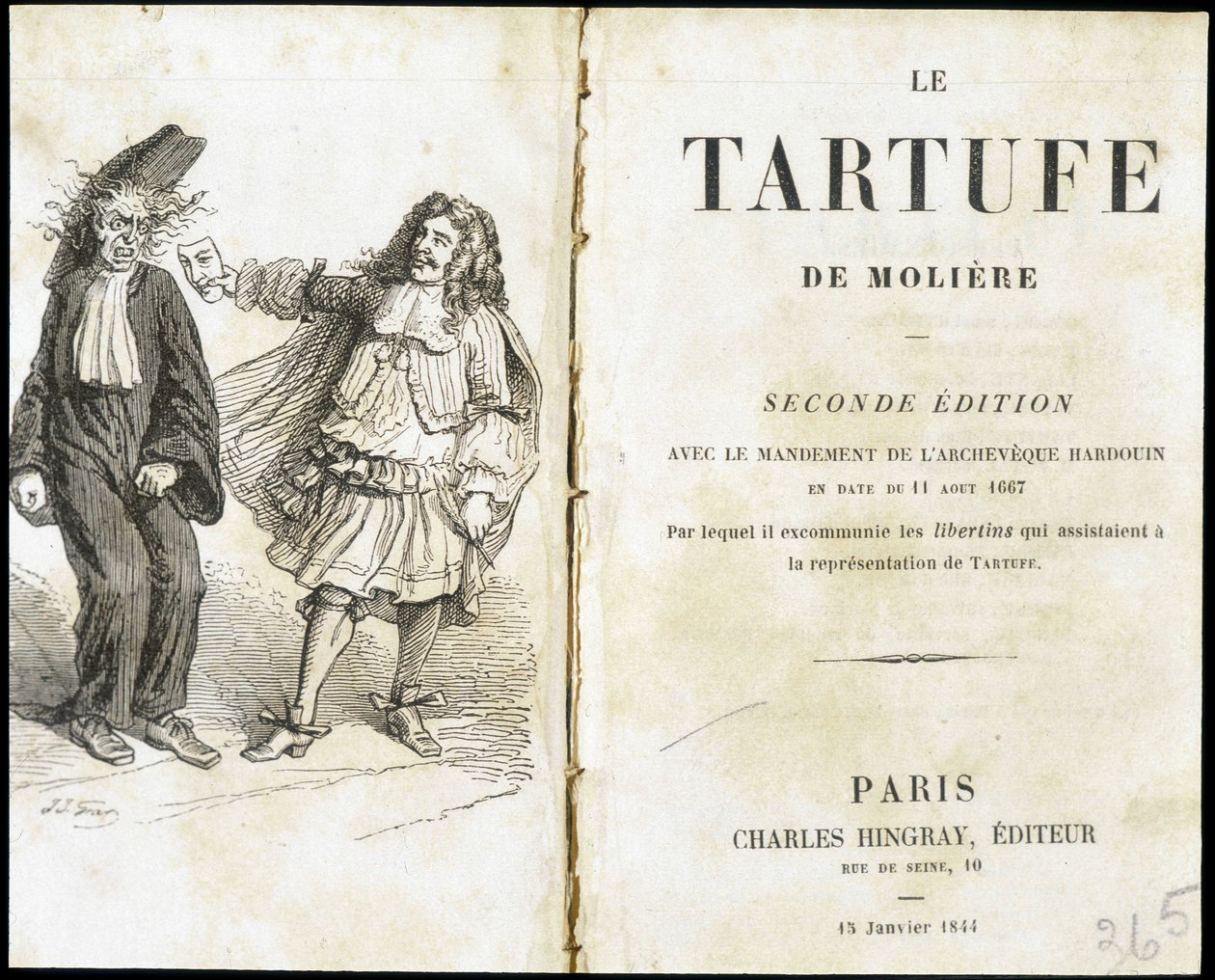 Moliere bir tiyatro maskesi kullanarak bir papazı korkutuyor - Frontispiece du “Tartuffe”” (Tartufe) de Molière, ed. Hingray, Paris by Unknown artist
