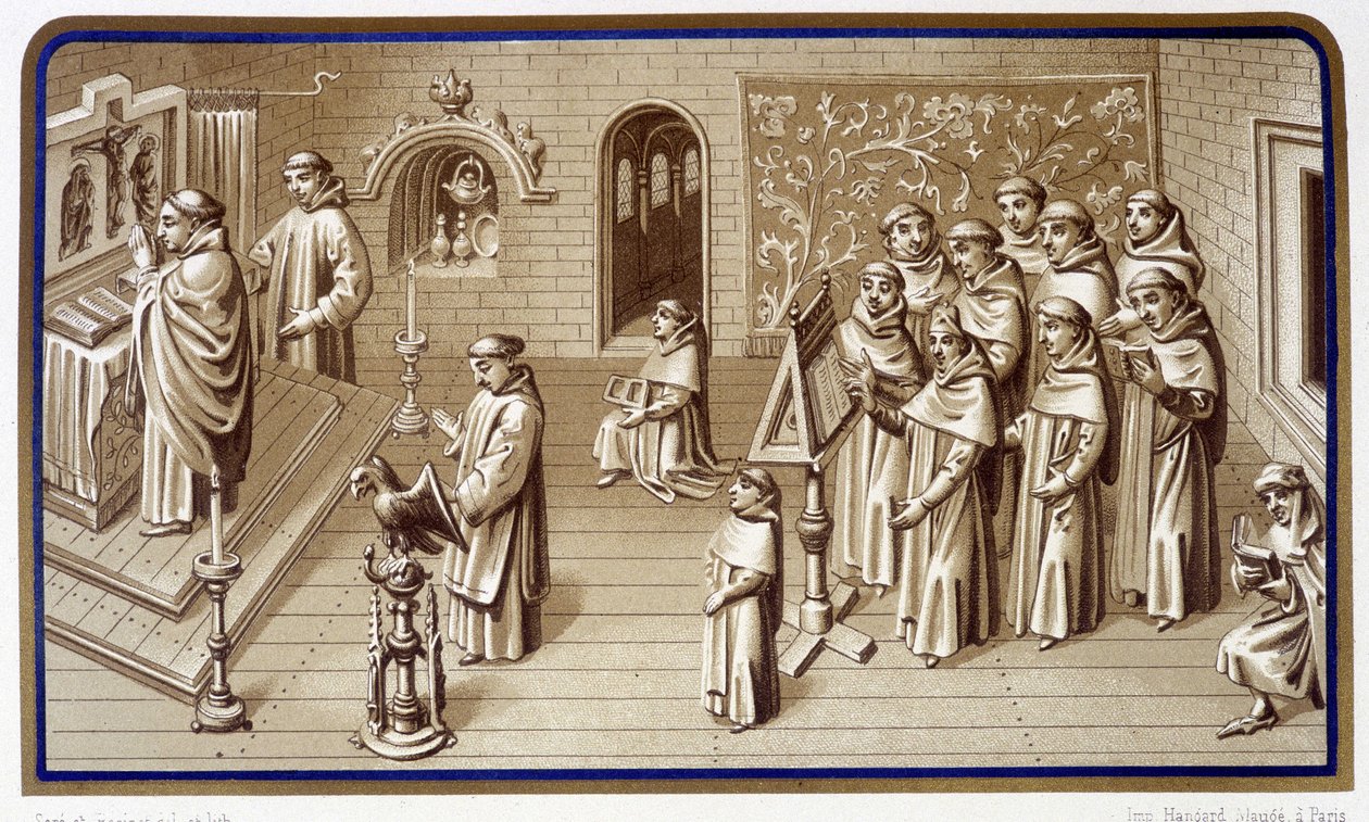 Manastırın bir şapelindeki keşişler: dua ve koro. Our Lady of Mucizeler Grisaille. Renkli taşbasması. 19. yüzyıl by Unknown artist