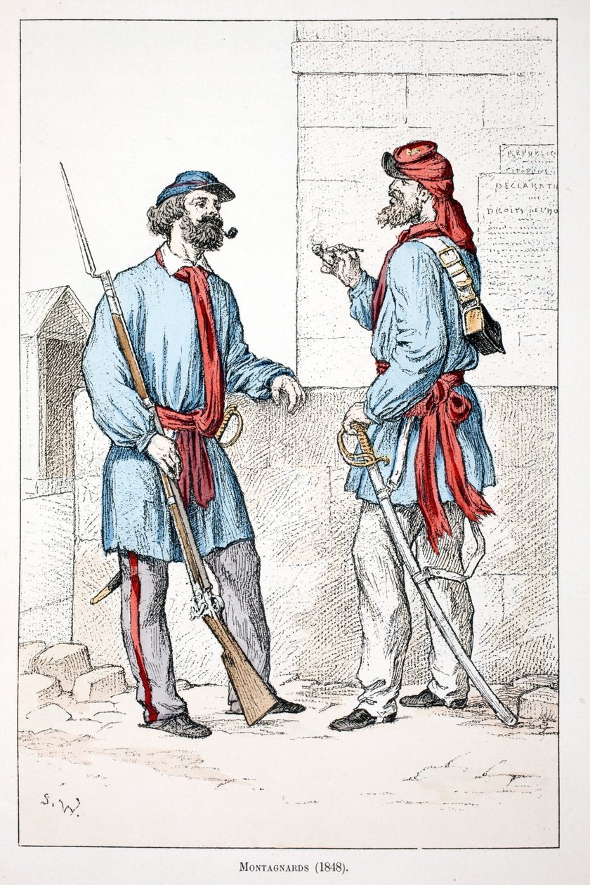 Dağcılar (1848). Renklerle gravür, illüstrasyon için, Seine polisi Louis Lepine (1846-1933) himayesinde, Alfred Rey (1864-?) ve Louis Feron (1862) tarafından yayınlanan “Barış Gücü Kolordu Tarihi”” kitabı -?), düzenleme by Unknown artist