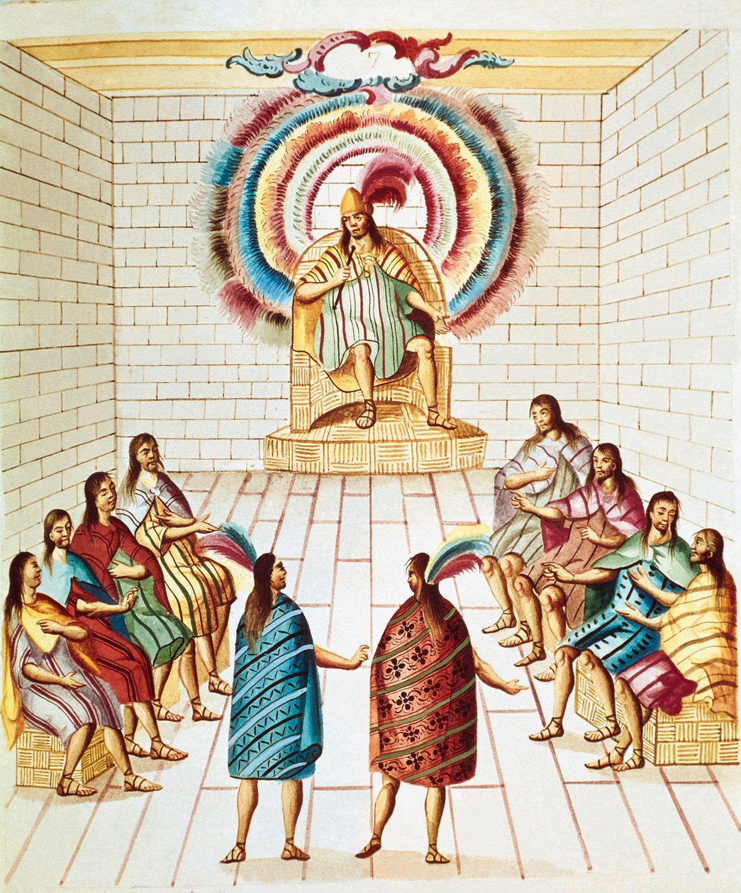 Montezuma (veya Moctezuma II), Aztek imparatoru (1466-1520) ve konseyi Diego Garcia Panes (1730-1811) tarafından “Teatro de la Nueva Espana”dan çizilmiş suluboya resmi Mexico City, Ulusal Kütüphane by Unknown artist