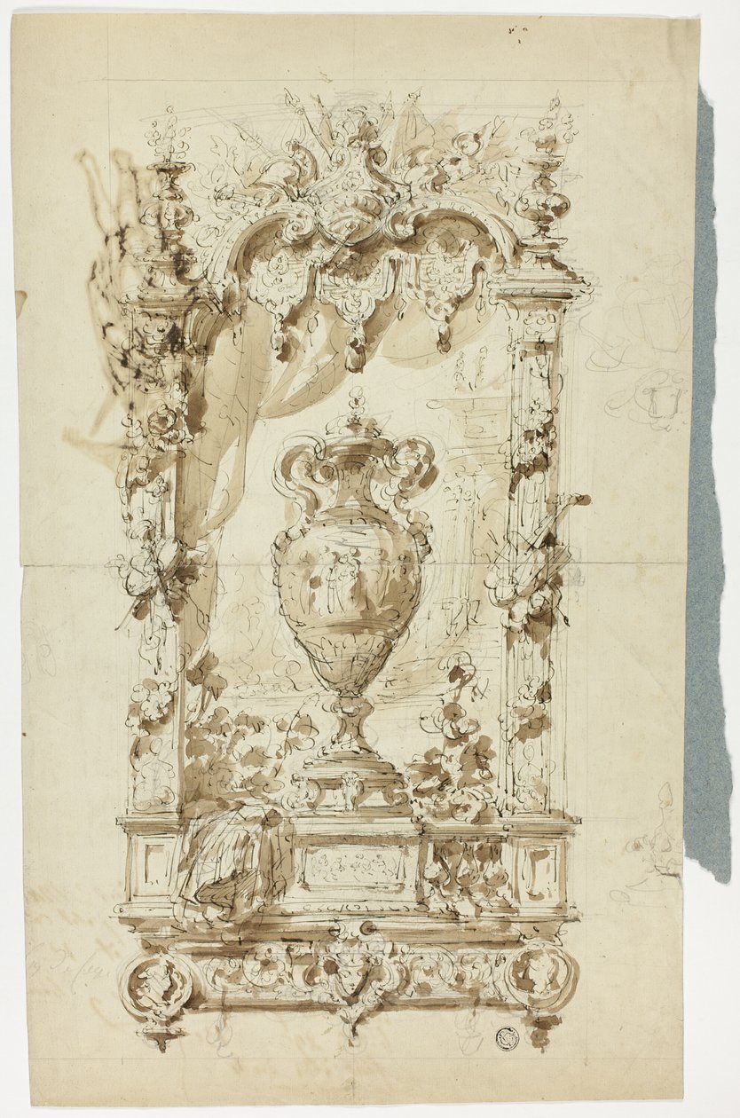 Süslü Çerçeve İçinde Anıtsal Vazo (recto); Şemsiyeli ve Papağanlı Ayakta Duran Adam Eskizi ve Mimari Çalışmalar (verso) by Unknown artist